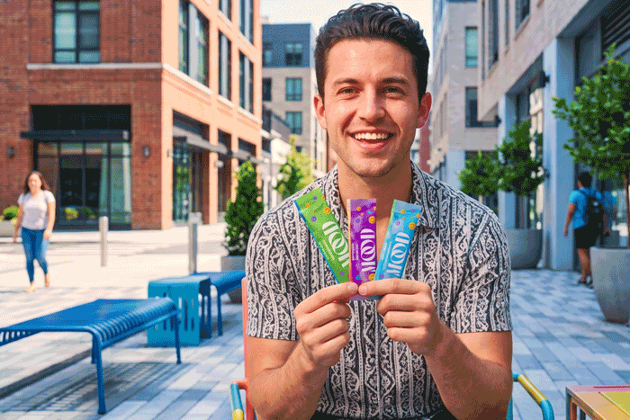a man holding a variety of candy bars