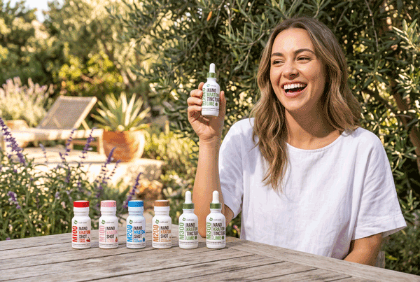 a woman smiling at a table with bottles of vitamins