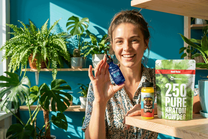 a woman holding a bottle of blue liquid