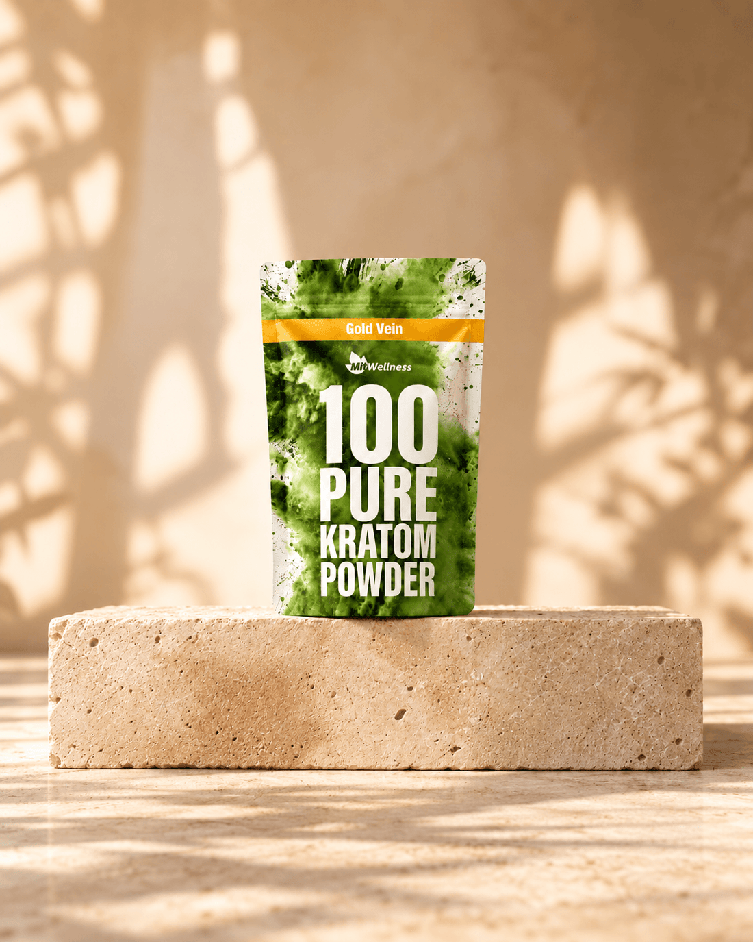 a package of kratom powder on a stone block