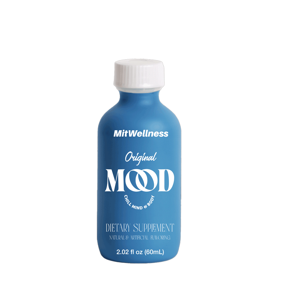 a blue bottle with white text
