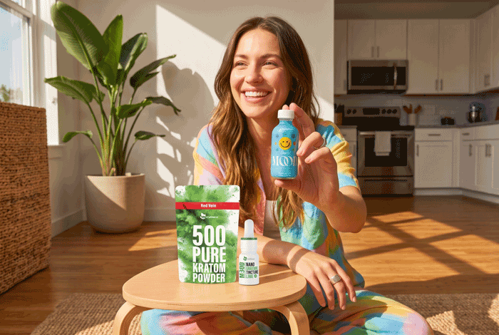 a woman sitting on a wood floor holding a bottle of powder