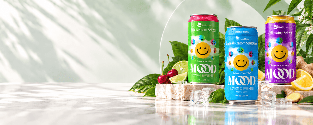 Three colorful canned drinks from Mood & Co. are displayed on a reflective white surface with ice, green leaves, cherries, lime, and lemon slices.