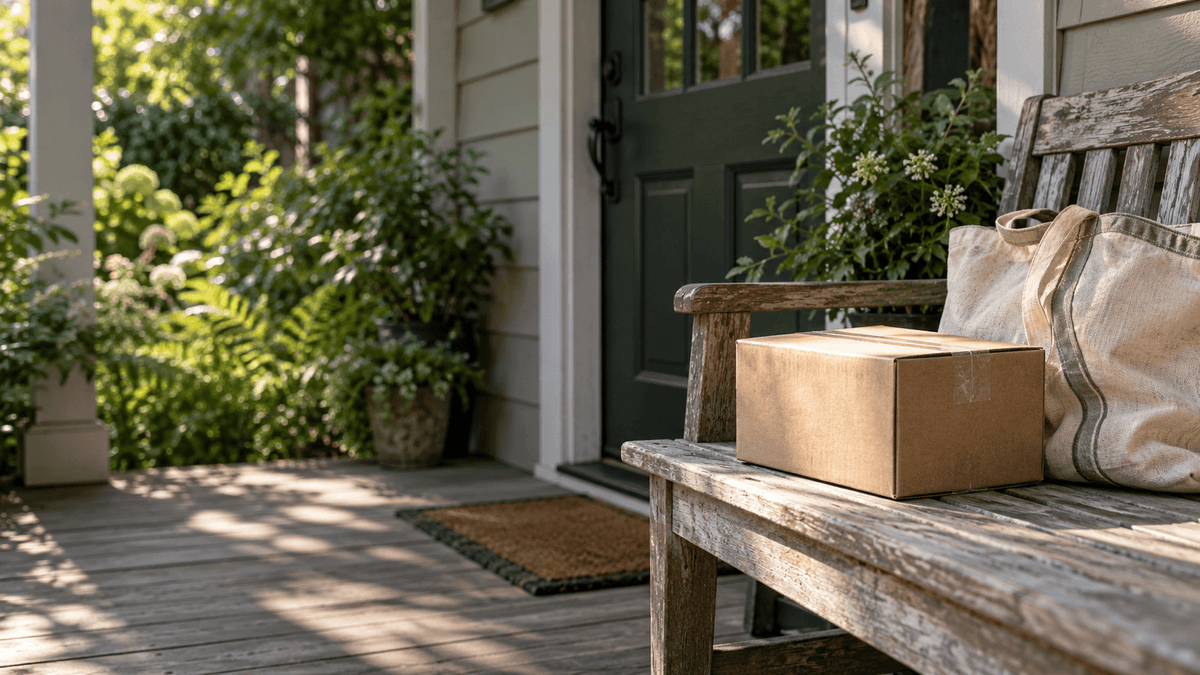 a box on a bench outside of a house