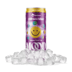a purple can with yellow and purple text and a yellow smiley face on top of ice cubes