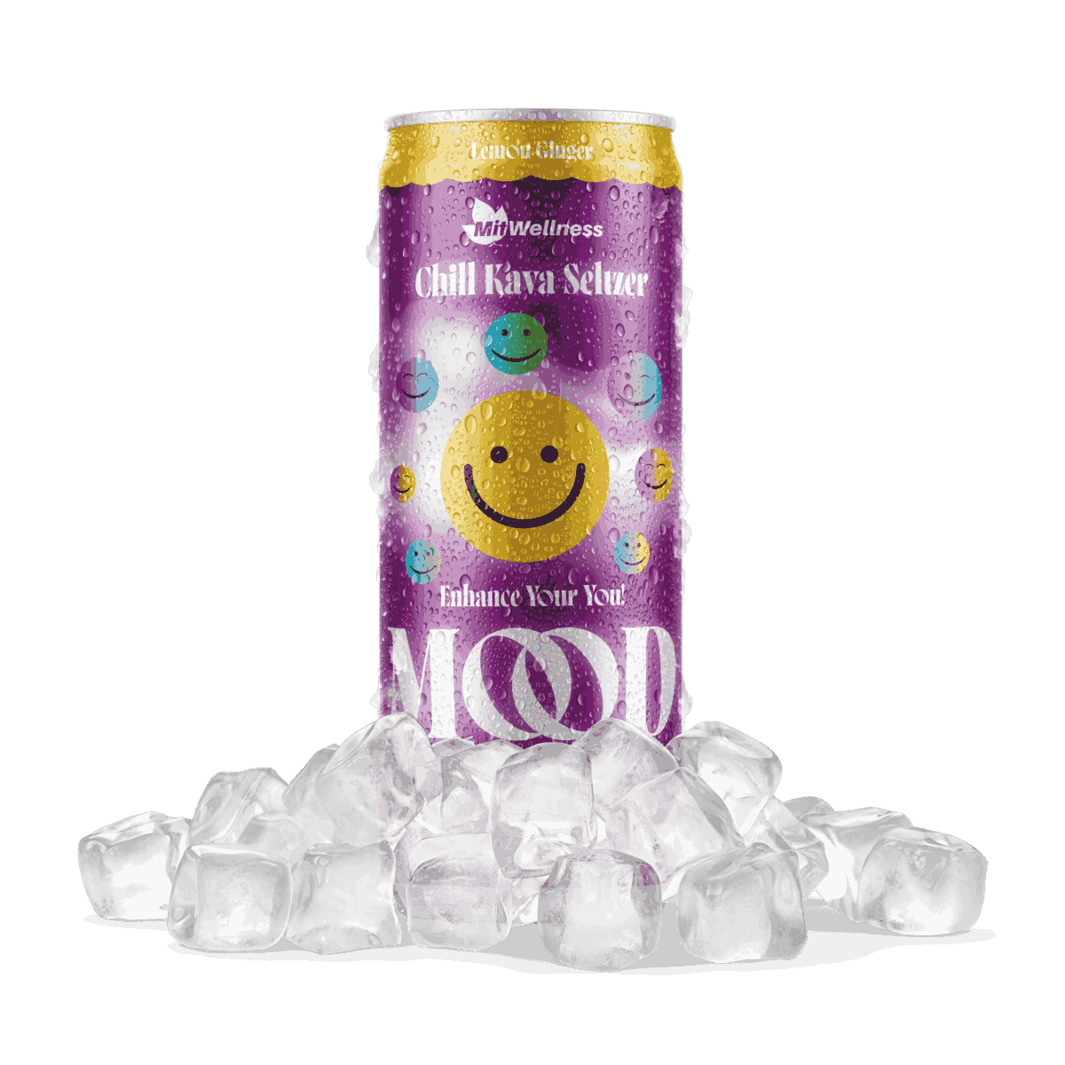 a purple can with yellow and purple text and a yellow smiley face on top of ice cubes
