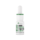 a white bottle with a white cap and green label