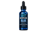 a blue bottle with a black label