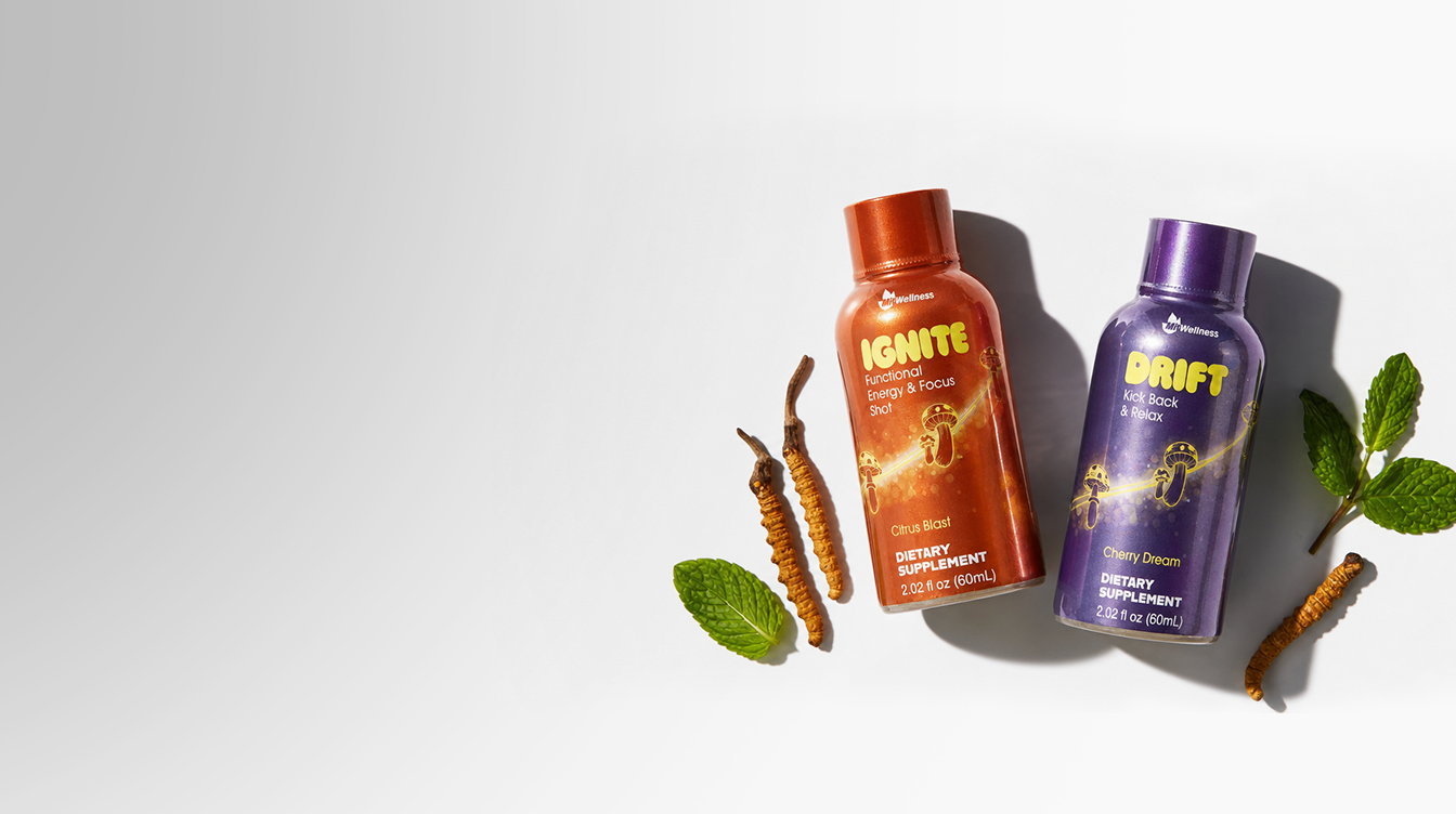 Two MitWellness functional shot bottles, morning and evening formulas to PM chill.